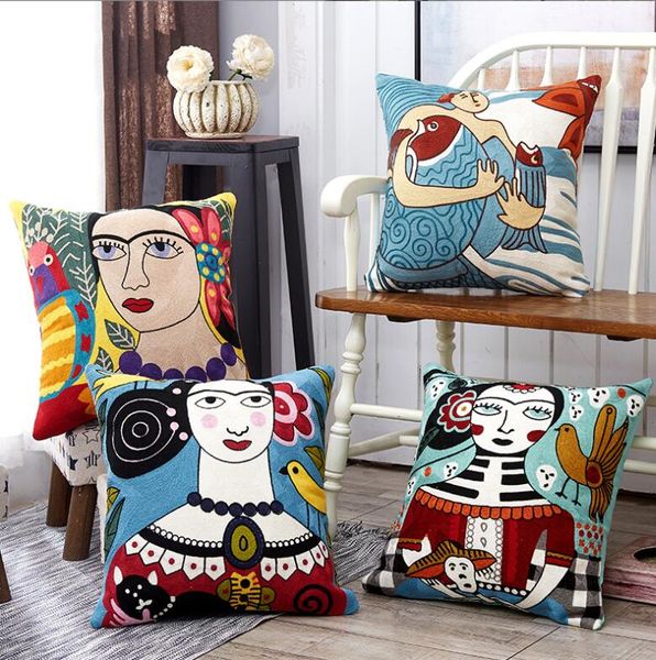 Luxury Pillow Boutique Embroidery Ethnic Girl Throw Pillow Covers - Modern Fashion American Style Velvet Fabric Cushion Cover for Couch Sofa