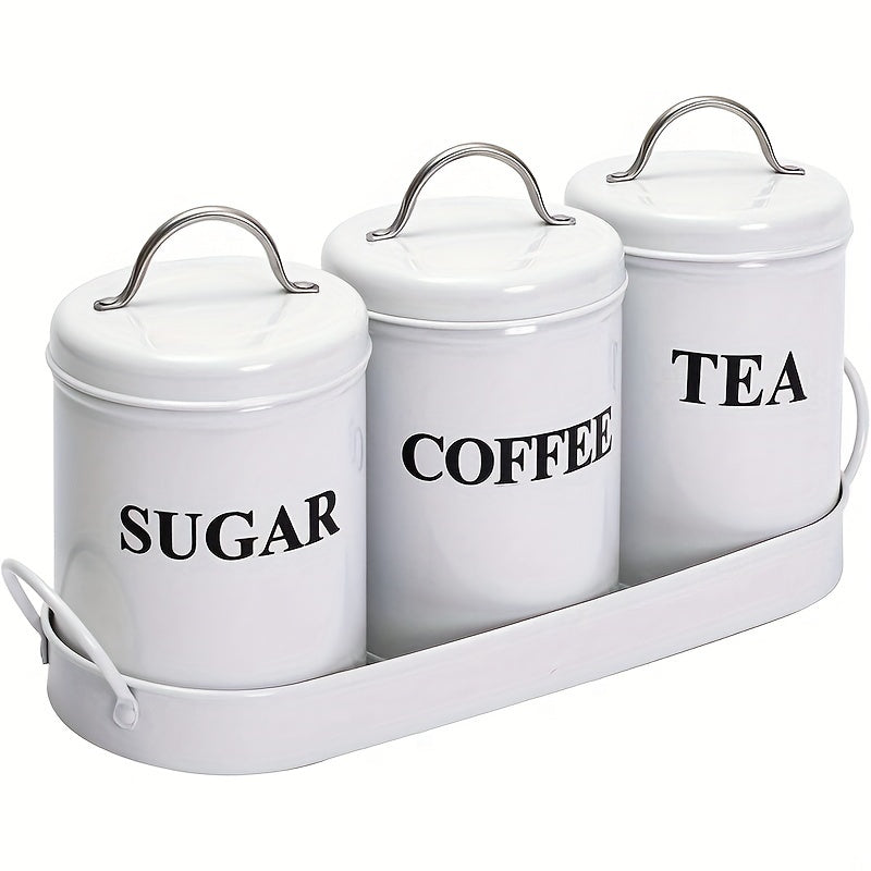 TEMU 3pcs Vintage Metal Canister Set With Sealing Lids & Metal Tray - Airtight Food Storage Jars For Coffee, Sugar, Tea - Round, Flip-, Hand Wash