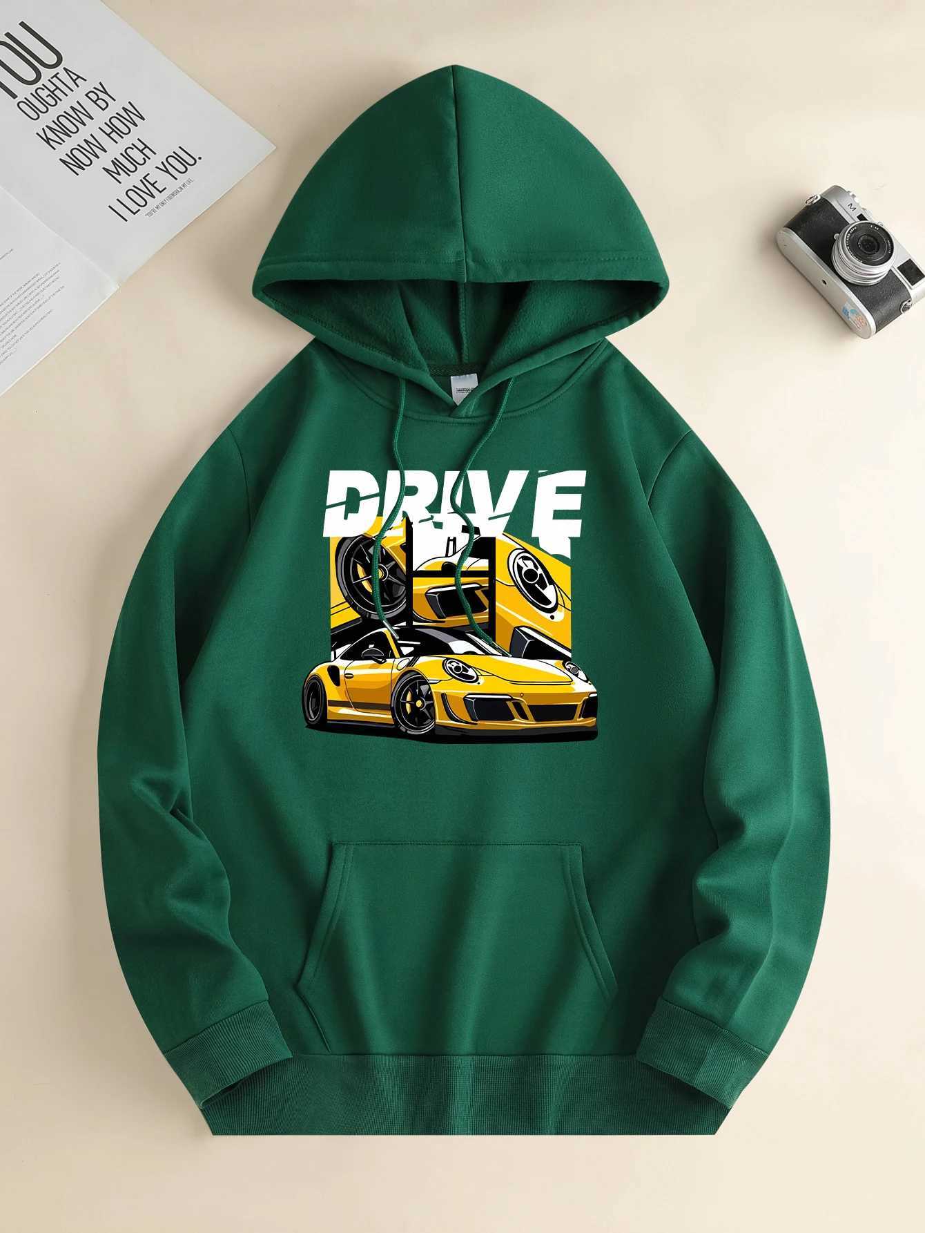 Mens new fashion hoodies casual daily drawstring hooked sweatshirts car prints front kangaroo pockets mens blouses W240921