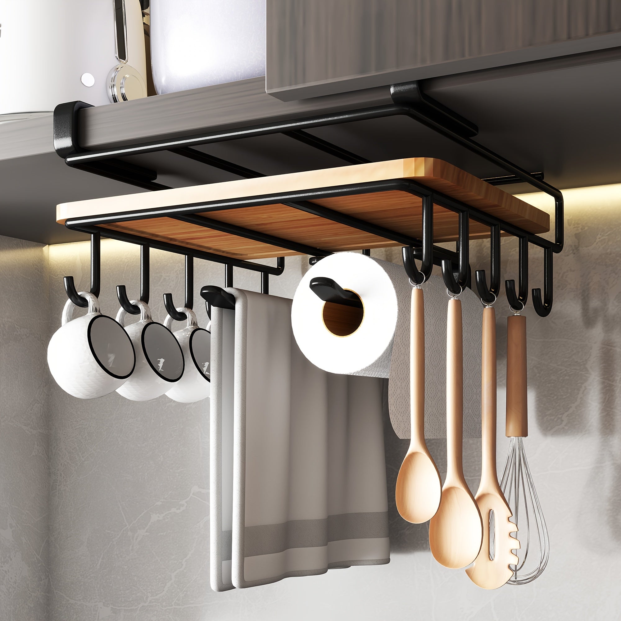 TEMU Heavy-duty Stainless Steel Under Cabinet Organizer Rack - Wall-mounted Space-saving Shelf With Multiple Hooks For Kitchen Utensils, Towels, Cups