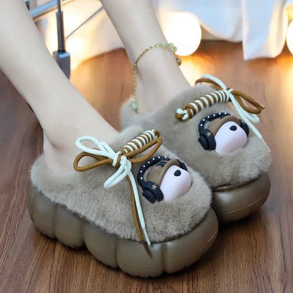 Slippers Cute coffee fluffy slider womens cute dog with headphones outdoor warm winter fur slider womens shoes Q241011