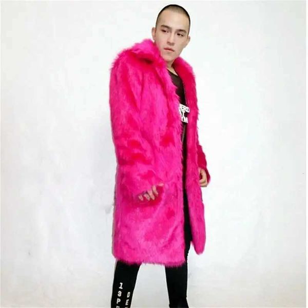 Men&#039;s Fur Faux Fur 2018 Autumn New Mens Winter Warm Coat Flip Collar Rose Red Artificial Rabbit Fur Jacket Fashion Trend and Long Ultra
