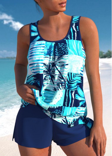 Modlily Tie High Waisted Tropical Plants Print Tankini Set - S