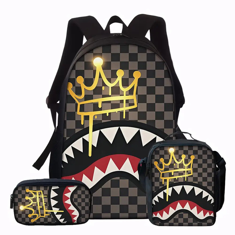 TEMU 3pcs Large-capacity Trend-themed Backpack Set | Stylish Checkered-print Polyester Bags With Adjustable Straps, Zippers, And Compartments -