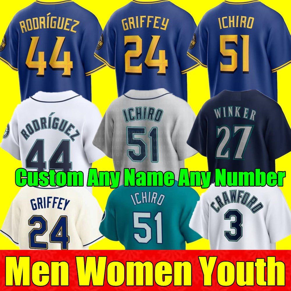 2023 S-4XL Custom 44 Julio Rodriguez Jersey 24 Ken Griffey Ichiro Suzuki Edgar Martinez Mitch Haniger Felix Hernandez Mariners Men Women Youth Baseb