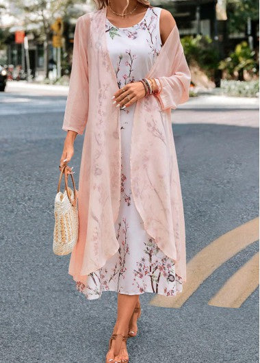 Modlily Pink Floral Print Maxi Long Sleeve Dress and Cardigan - L