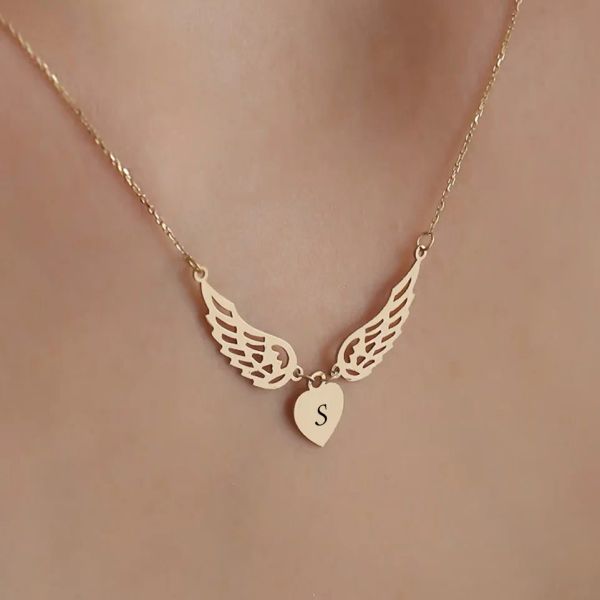 Custom Engraved Letter Heart Angel Wing Pendant Necklace for Women Men Stainless Steel Jewelry Choker Gift Wholesale Direct Sale