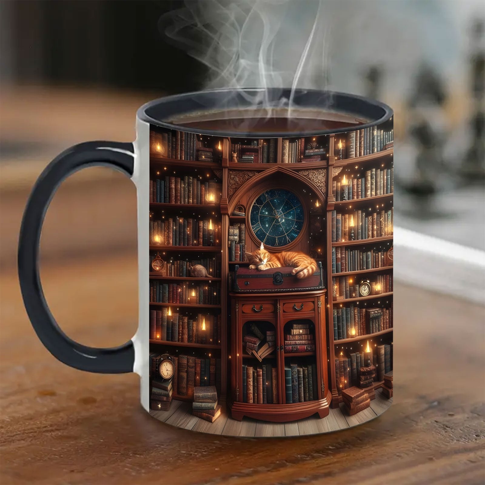 TEMU 1pc 11oz Library Mug With Black Handle Cozy Bookcase Design Featuring Cat Lanterns Shelves Of Books Coffee Tea Milk & Water Hand Wash Only Ideal