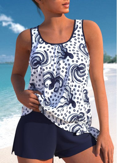Modlily Bowknot Mid Waisted Marine Life Print Tankini Set - S