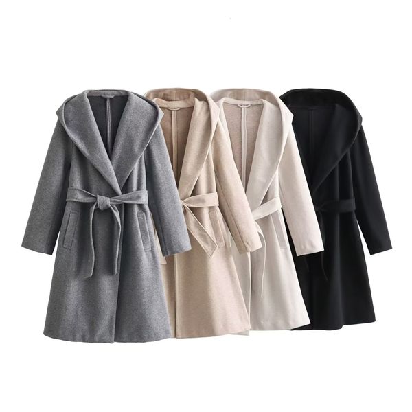 2024 Spring New Product Women&#039;s Temperament Solid Color Hoodie Medium Long Sleeve Belt Woolen Coat