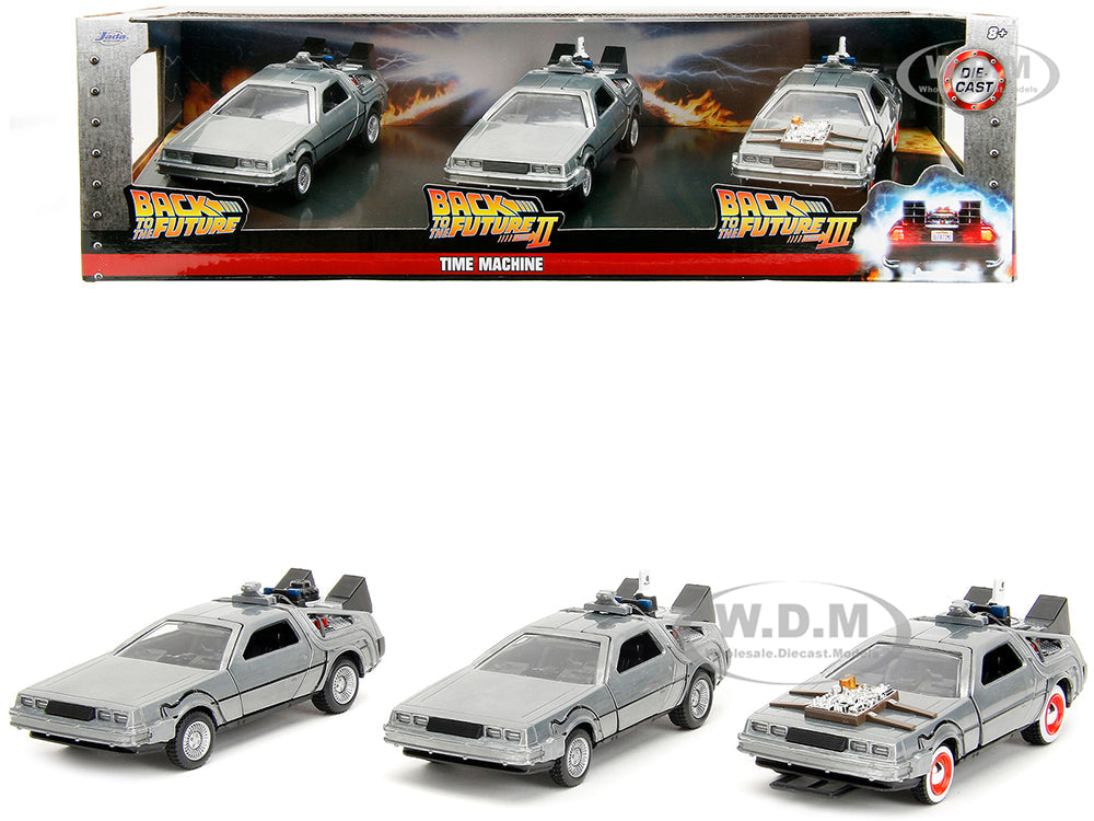 "Back to the Future" Delorean Set of 3 pieces "Hollywood Rides" Series 132 Diecast Model Car by Jada