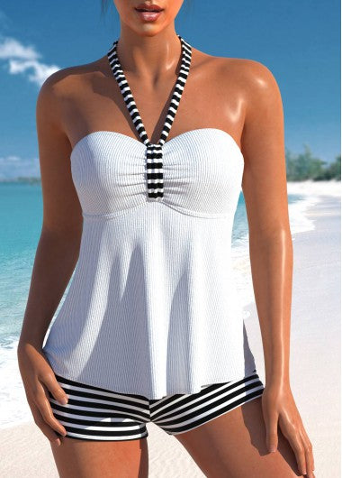 Modlily Drawstring High Waisted Striped White Tankini Set - S