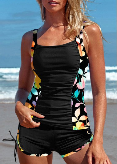 Modlily Patchwork Mid Waisted Floral Print Black Tankini Set - XL