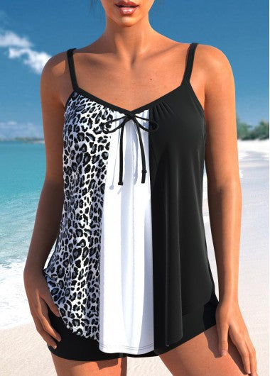 Modlily Patchwork Leopard Black Bowknot Tankini Set - S