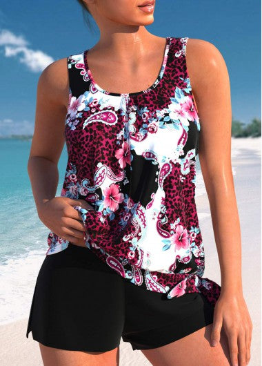 Modlily Bowknot Mid Waisted Floral Print Black Tankini Set - M