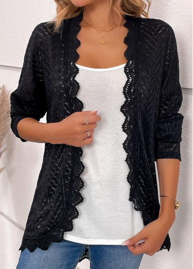 Modlily Black Scalloped Hem Long Sleeve Light Cardigan - L