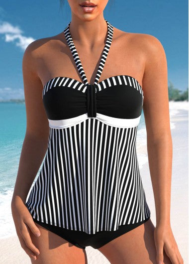 Modlily Ruched Patchwork Striped Black Tankini Set - XXL