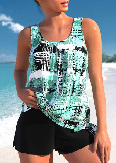 Modlily Bowknot Mid Waisted Geometric Print Tankini Set - S