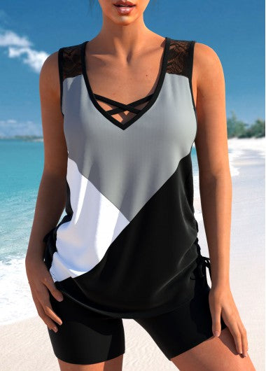 Modlily Patchwork Criss Cross Black Tankini Set - S