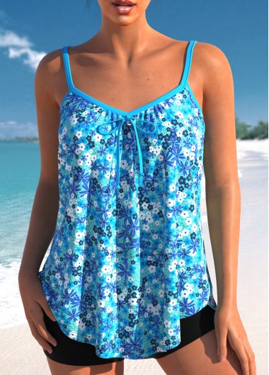 Modlily Bowknot Ditsy Floral Print Sky Blue Tankini Top - S