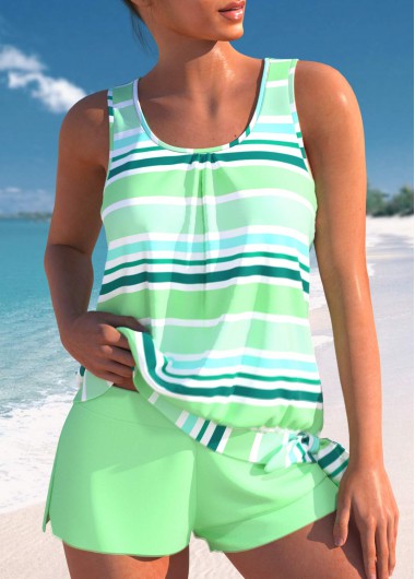 Modlily Bowknot Mid Waisted Multi Stripe Print Tankini Set - M