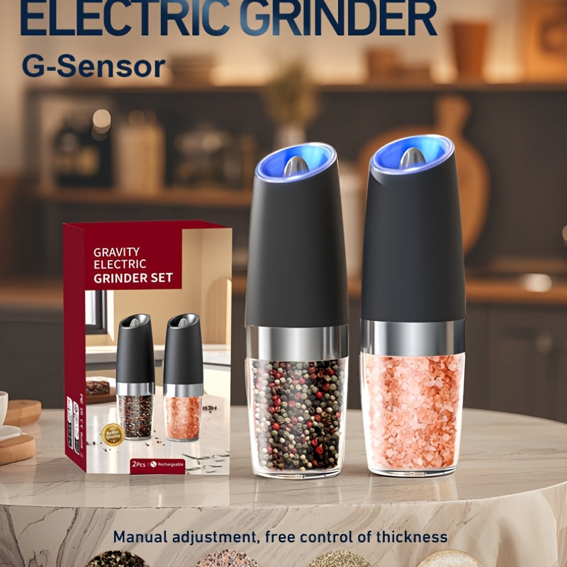 TEMU 2pcs Set, Gravity-powered Pepper Salt Grinder Kit, Stainless Steel, Adjustable For Coarseness, Easy To Clean, With Led Light, Single-handed