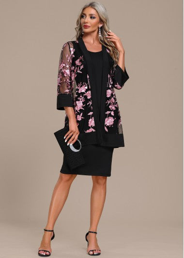 Modlily Embroidery Black Two Piece Shift Dress and Cardigan - S