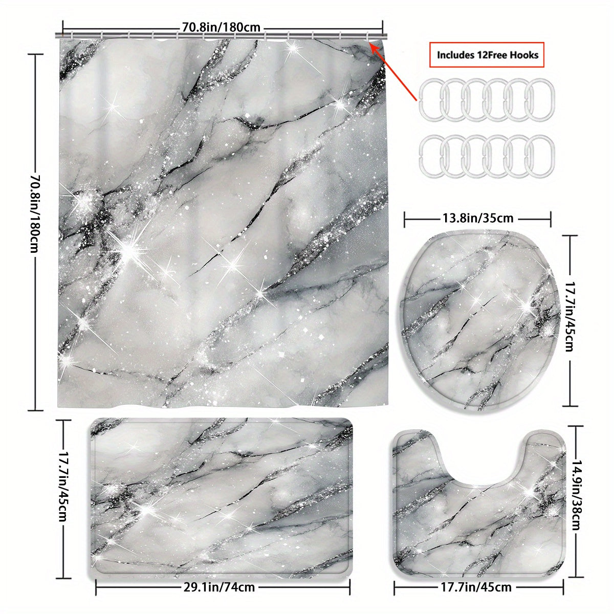 TEMU 4pcs Silvery Marble Pattern Shower Curtain Set, European Luxury Marble Pattern Shower Curtain, Shower Curtain, Shower Curtain Fabric Bathroom