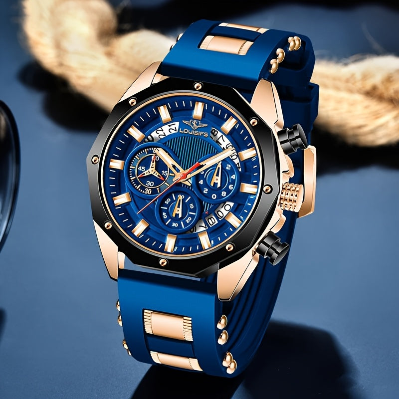 TEMU Men's Luxury Watch - Large Dial With Date Window, Quartz Movement, Navy Blue Dial & Golden-tone Accents, For Business, Formal & Casual Attire -