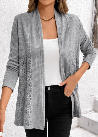 Modlily Grey Lace Patchwork Long Sleeve Cardigan - S