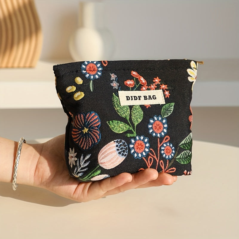 TEMU Travel Essentials, Mini Makeup Bag, Lipstick Pouch In Black With Floral Pattern, Portable Bag Coin Purse, Earphone Case, Sanitary Pad Organizer
