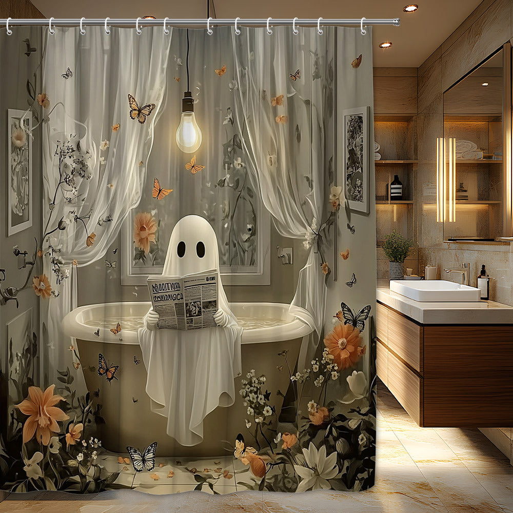TEMU 1pc Vintage Gothic Bathroom Shower Curtain - Extra Long 70x70 Inches, Machine Washable Polyester Fabric With Floral, & Spooky Newspaper Design -