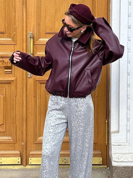 Flip Collar Retro Zipper Pu Womens Leather Jacket Fashion Button Long Sleeved Solid Color Coats Female High Street Outerwear 240904