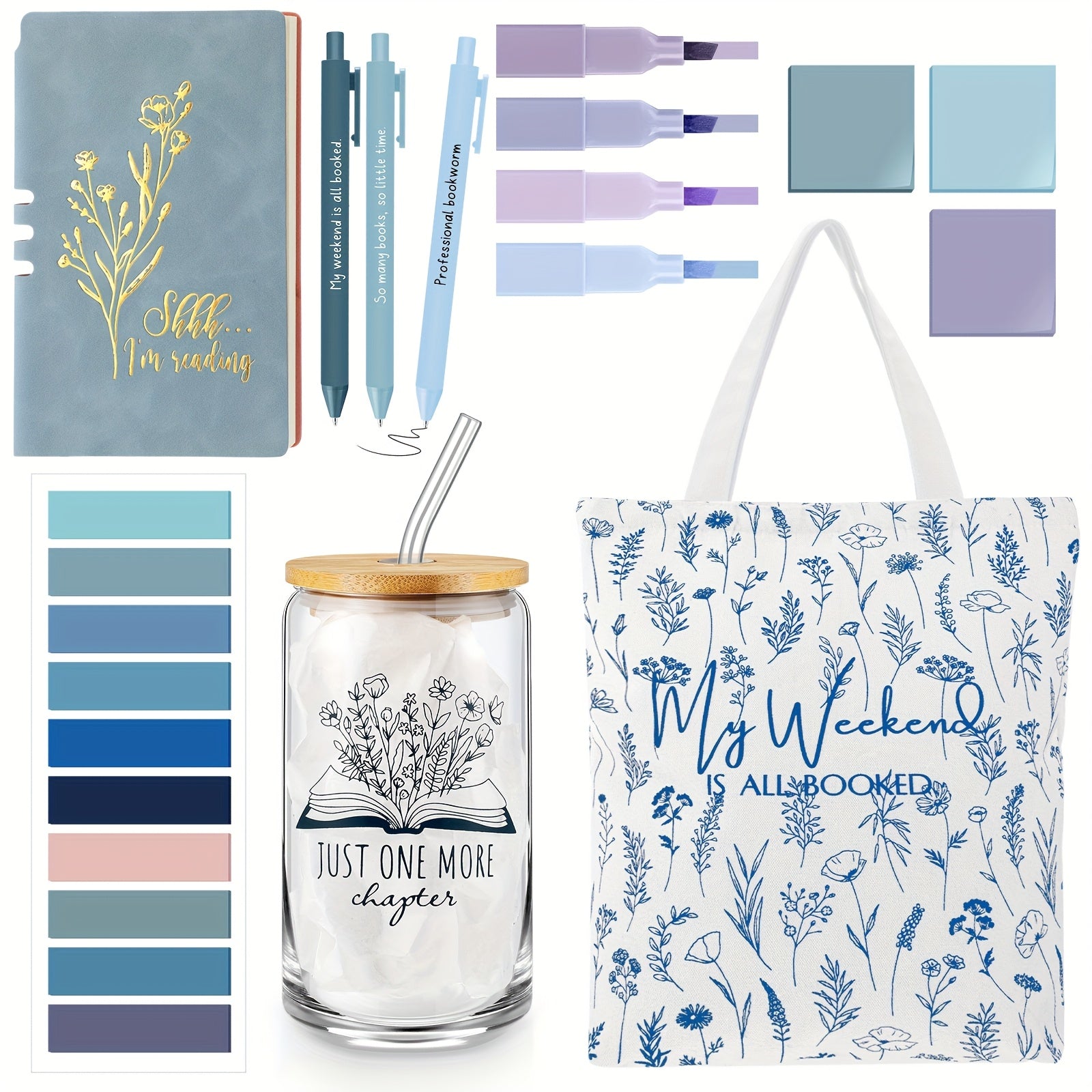 TEMU 16oz Glass Cup Canvas Bag A6 Journal Notebook Ballpoint Pens Sticky Notes Highlighters School Library Lovers Month Gifts For Librarians Party