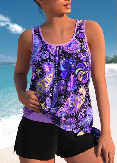 Modlily Bowknot Mid Waisted Paisley Print Purple Tankini Set - S