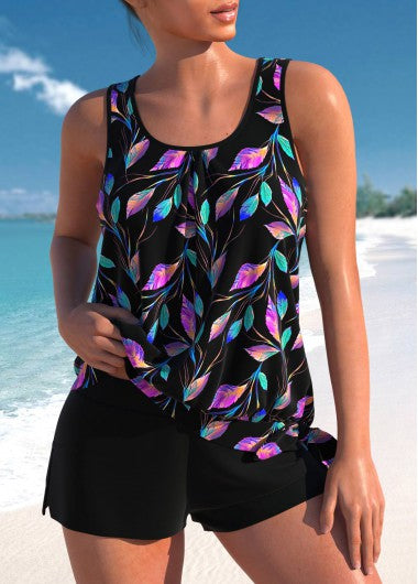 Modlily Asymmetry High Waisted Leaf Print Black Tankini Set - XL