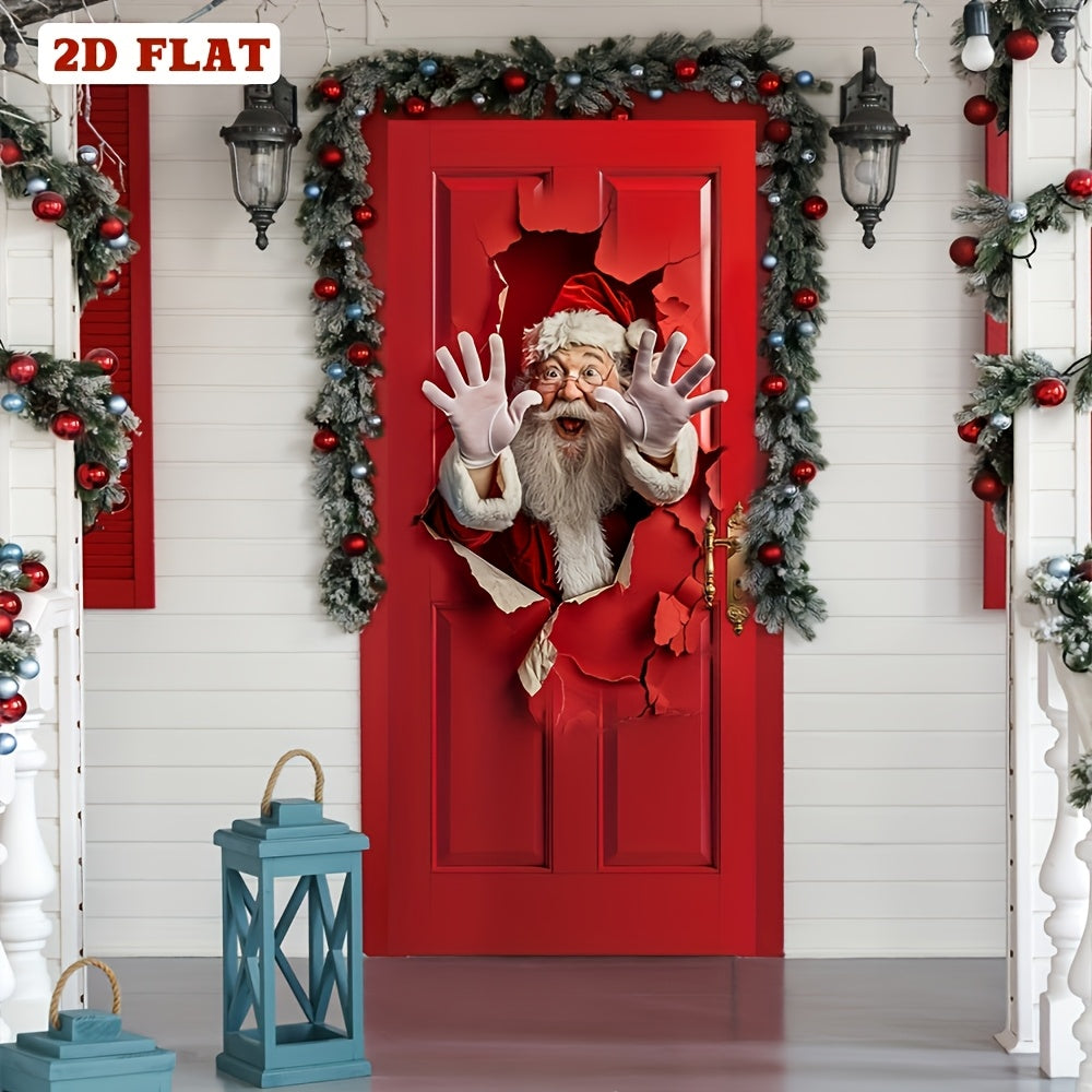 TEMU 2d Flat, 2d Door Banner, 2d Flat Banner, 1pc 2d Plane, Christmas Theme Door Curtain With Santa Claus , Elastic Fabric Home Decor, 78.74x35.43