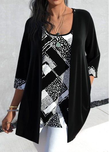 Modlily Black Two Piece Geometric Print Cardigan  and Tank Top - L