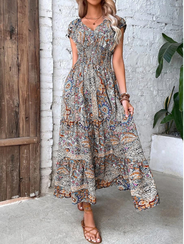 L6212Women&#039;s Bohemian 2023 new V-neck long skirt waist floral print big swing dress
