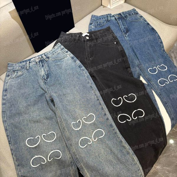 Brand Embroidered Women Jeans Fashion Blue Washed Denim Pants Luxury Vintage Straight Jean Trousers