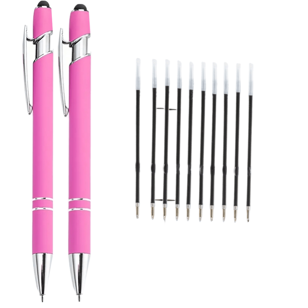 TEMU 12-piece Pink Metal Retractable Ballpoint Pen Set, Includes 2 Pens + 10 Refills With Handwriting Tip For Smooth Writing And Touchscreen - Ages