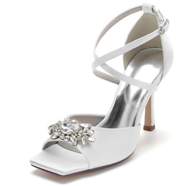 High Heel Rhinestones Wedding Sandals Shoes Women Square Toe Cross Strap Prom Evening Tail Engagement Heels Sandal