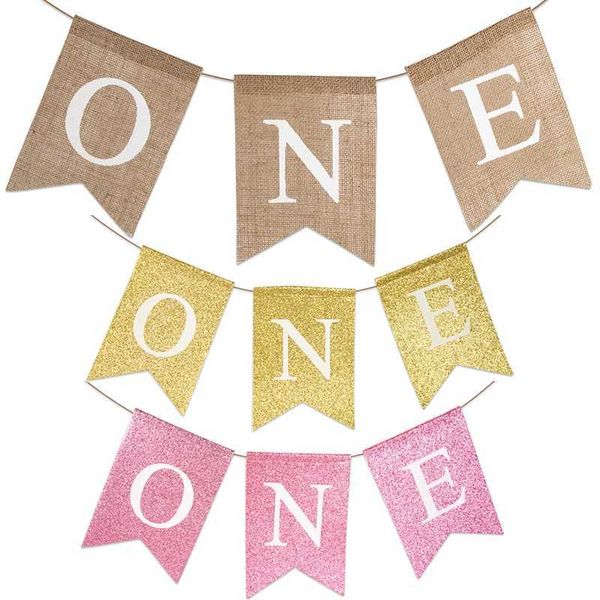 Banners Streamers Confetti 1st Birthday Party Highchair Banner Garland Baby First Birthday Burlap Flag Kids One Year Old Birthday Party Hang