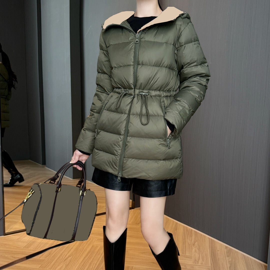 Womens Fashion Mid Long Down Coat Slim Fit Lightweight Warm Stylish Jacket Luxury Premium Elegant Outerwear High Quality Natural White Goose Down Pu