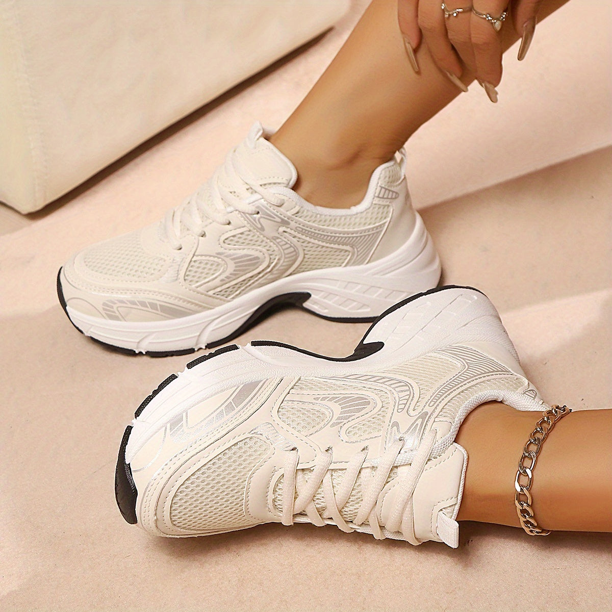 TEMU 1 Pair Women's Fashion Chunky Dad Sneakers - Low Top Lace-up Shoes With Mesh Upper, Non-woven Fabric Lining, Rubber Sole, Insole