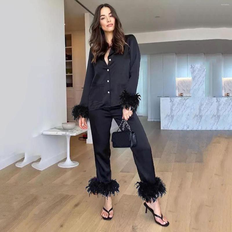 Women&#039;s Two Piece Pants Solid Women With Feather Edge 2 Set Wrist Sleep Tops Satin Loose Pajamas Casual Sleepwear Female Home Suits G3