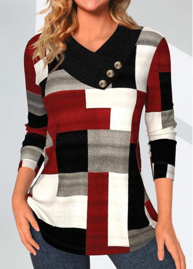 Modlily Wine Red Patchwork Geometric Print Long Sleeve Sweatshirt - L