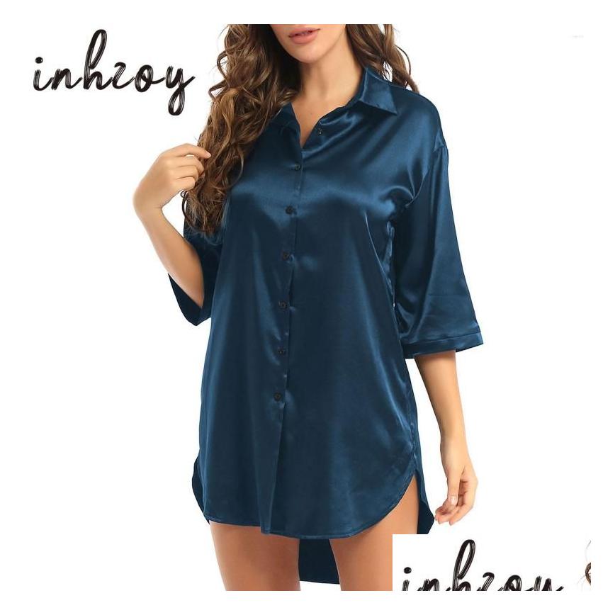 Womens Satin Nightgowns Silk Sleepshirt Button Down Sleep Dress Long Sleeve Boyfriend Notch Collar Drop Delivery Apparel Dhkfn