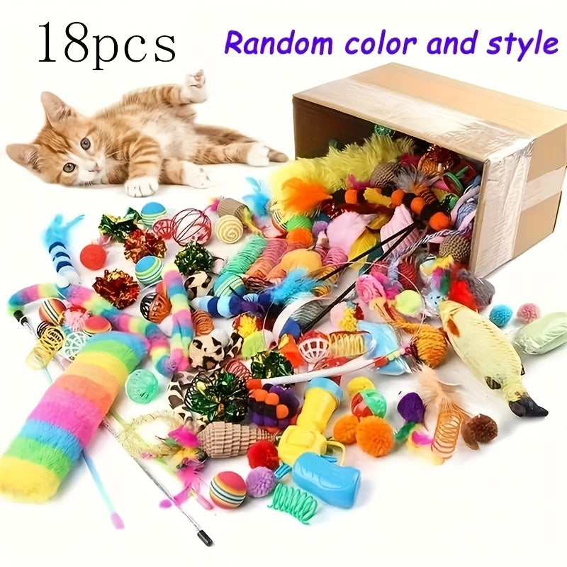 TEMU 18pcs Cat Toy Mixed Bag, Assorted Plastic And Plush Toys, Suitable For Multiple Cats To , Let Have A Different Toy , Colors, Styles, Shapes And