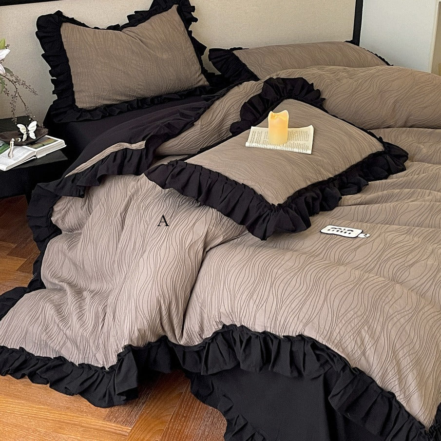 Retro Light Luxury Cotton Washed Cotton Simple Solid Color Lotus Leaf Lace Duvet Cover Bedding R1